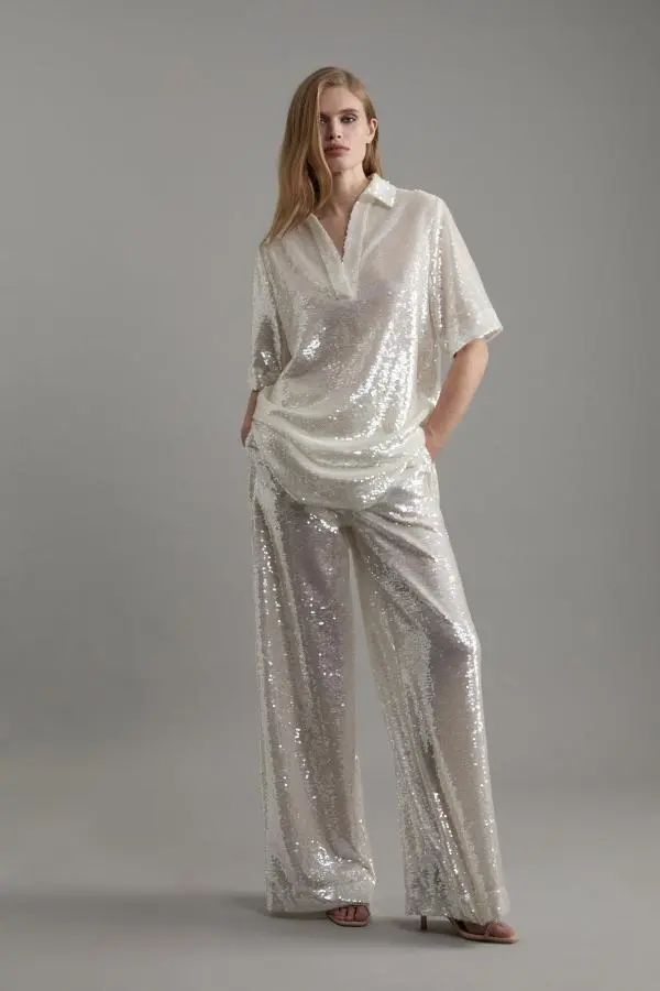 Tall Sequin Woven Wide Leg Trouser - Silver