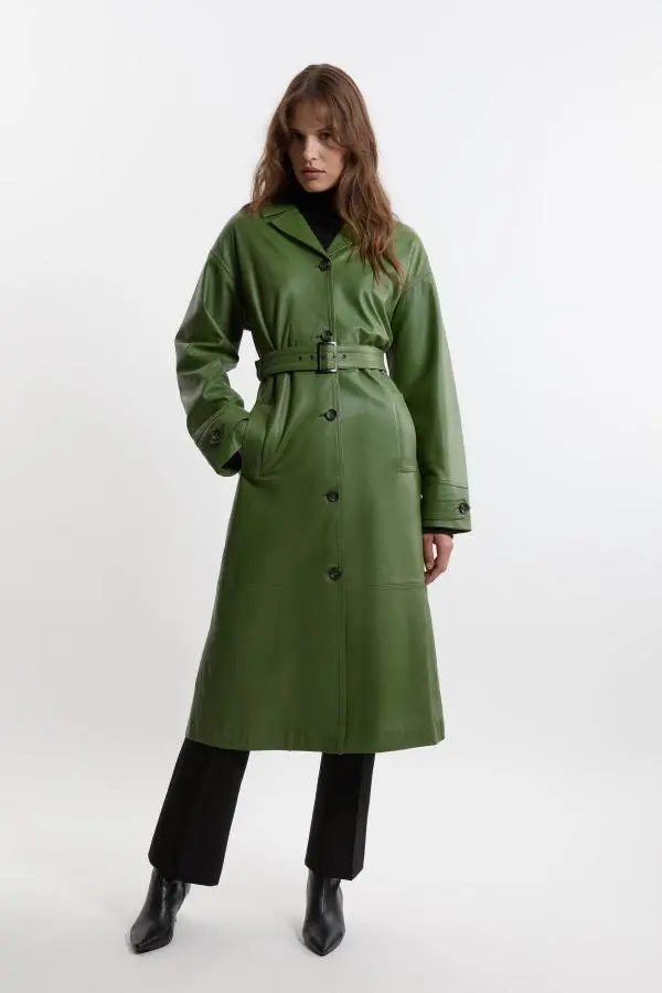 Leather Belted Clean Trench Coat - Olive