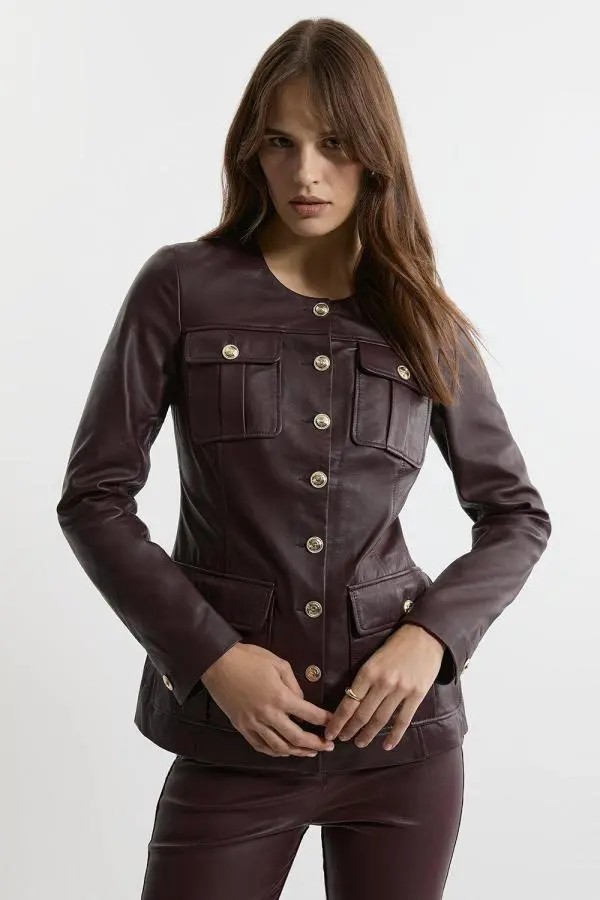 Leather Military Button Through Tailored Collarless Jacket - Red