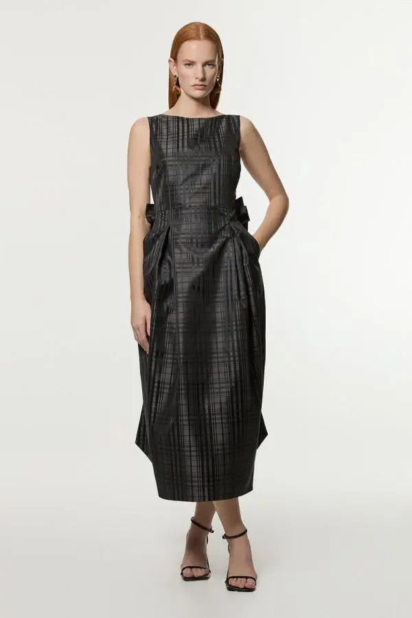 Petite Taffeta Check Bow Detail Tailored Maxi Dress - Brown