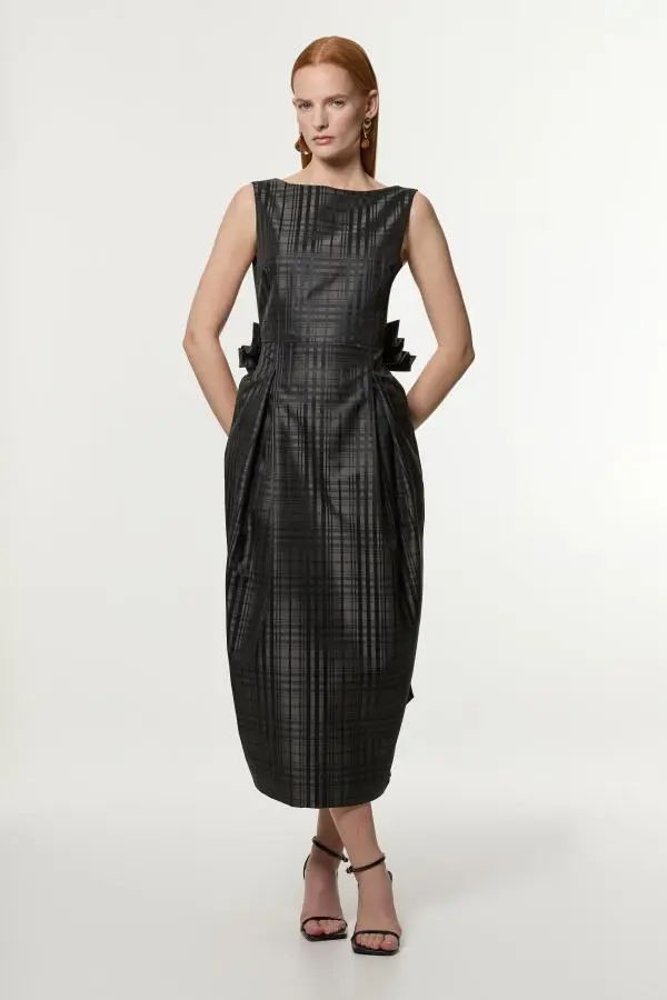 Taffeta Check Bow Detail Tailored Maxi Dress - Black