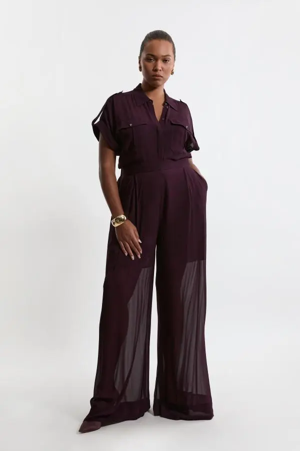Plus Size Wide Leg Viscose Woven Trousers - Navy