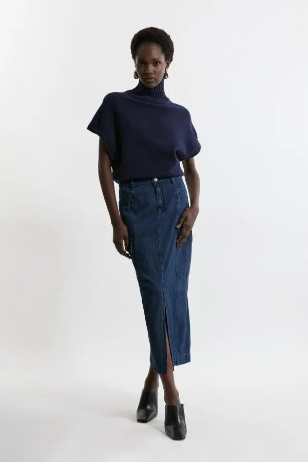 Petite Denim Woven Cargo Pocket Tailored Midi Skirt - Indigo