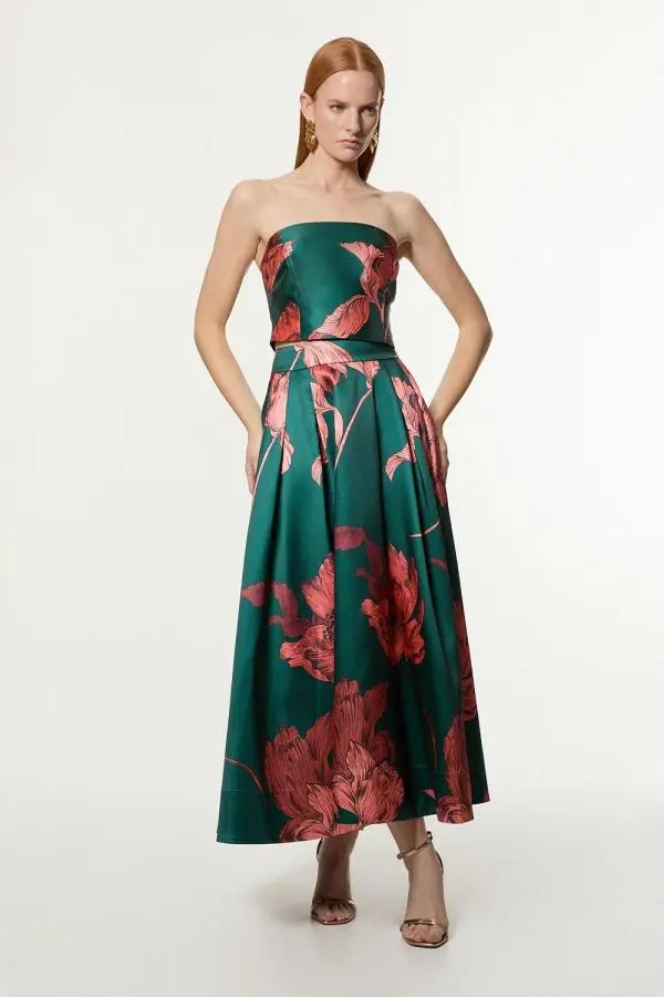 Floral Print Woven Prom Midi Skirt - Floral