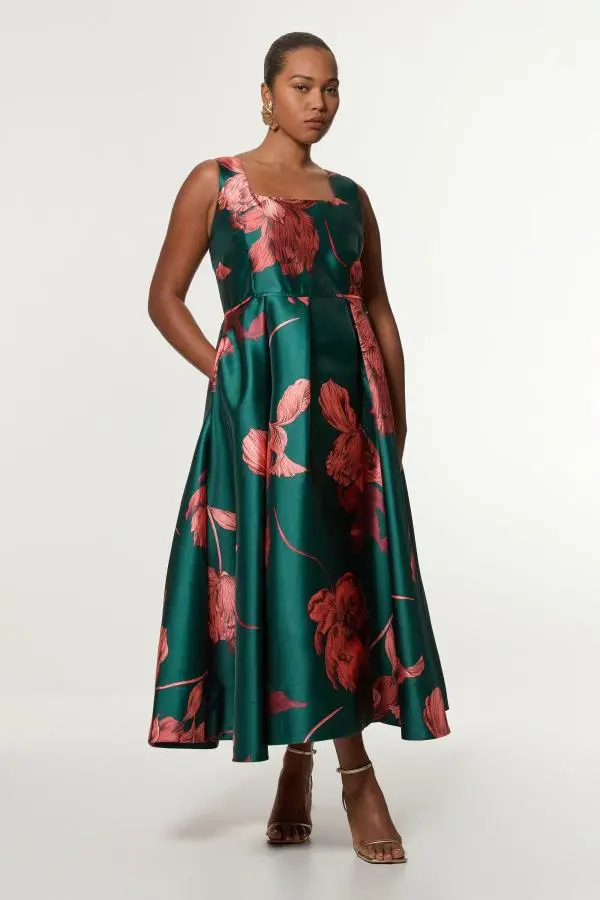 Plus Size Jacquard Corseted Woven Maxi Dress - Floral