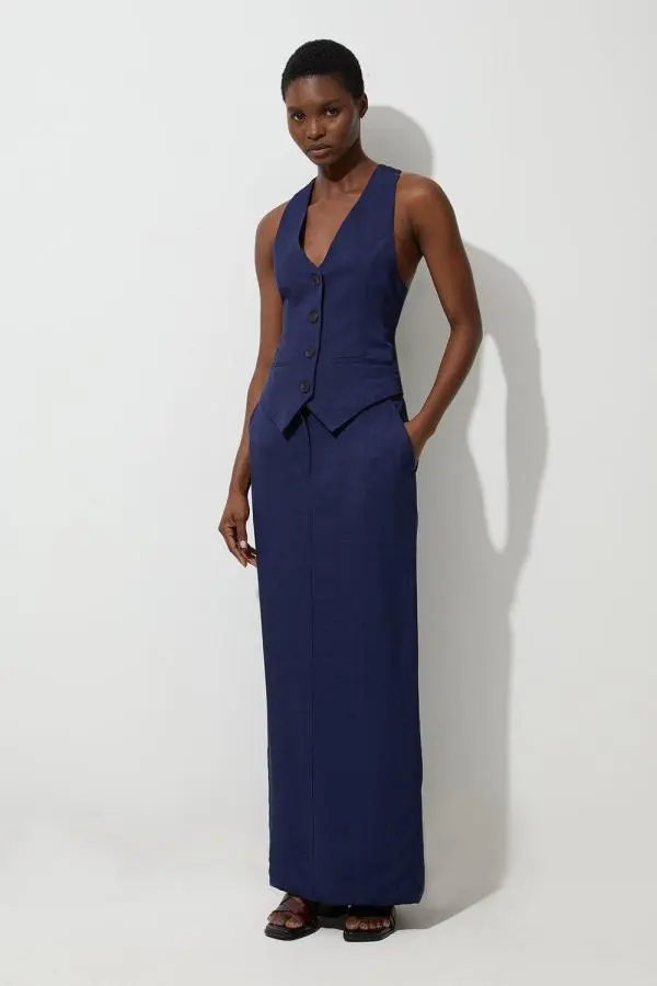 Tailored Viscose Linen Pencil Maxi Skirt - Navy