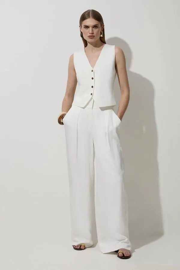 Tailored Viscose Linen Wide Leg Trouser - Ivory
