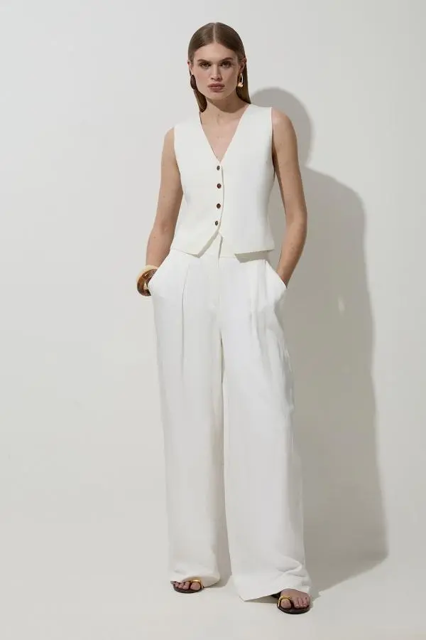 Tailored Viscose Linen Wide Leg Trouser - Ivory