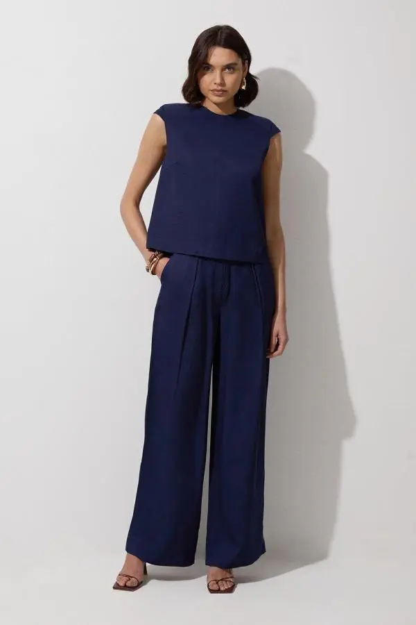 Tailored Viscose Linen Wide Leg Trouser - Navy