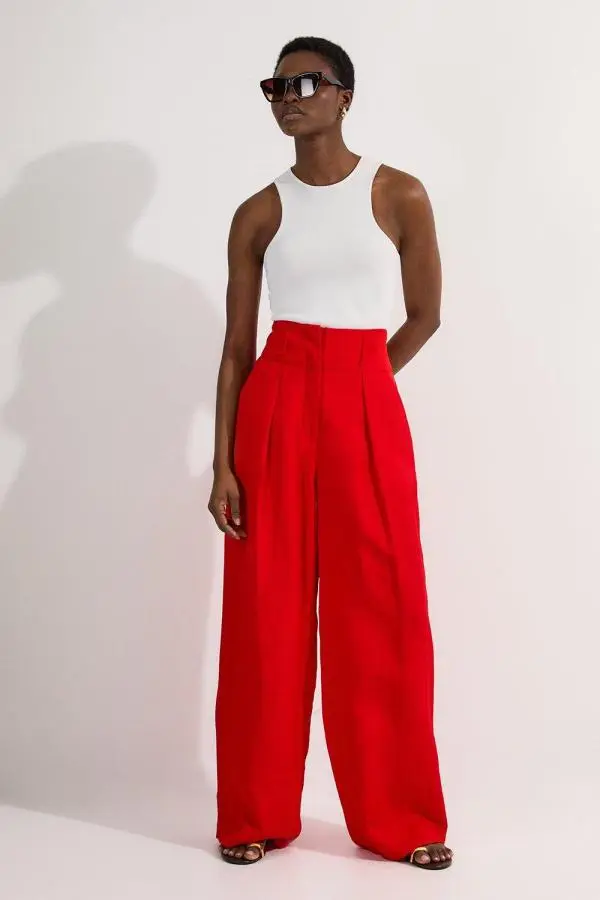 Tailored Viscose Linen Wide Leg Trouser - Red