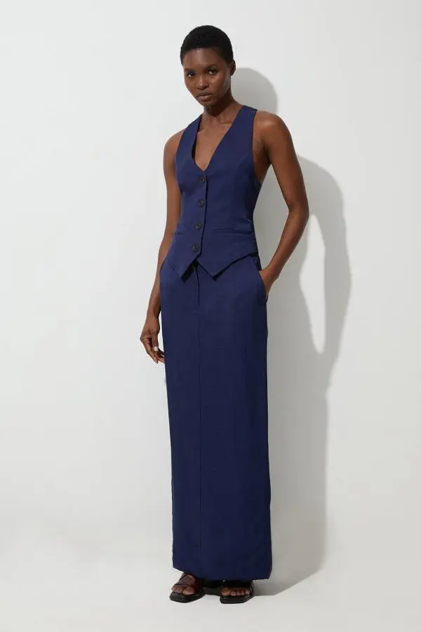Petite Tailored Viscose Linen Pencil Maxi Skirt - Navy