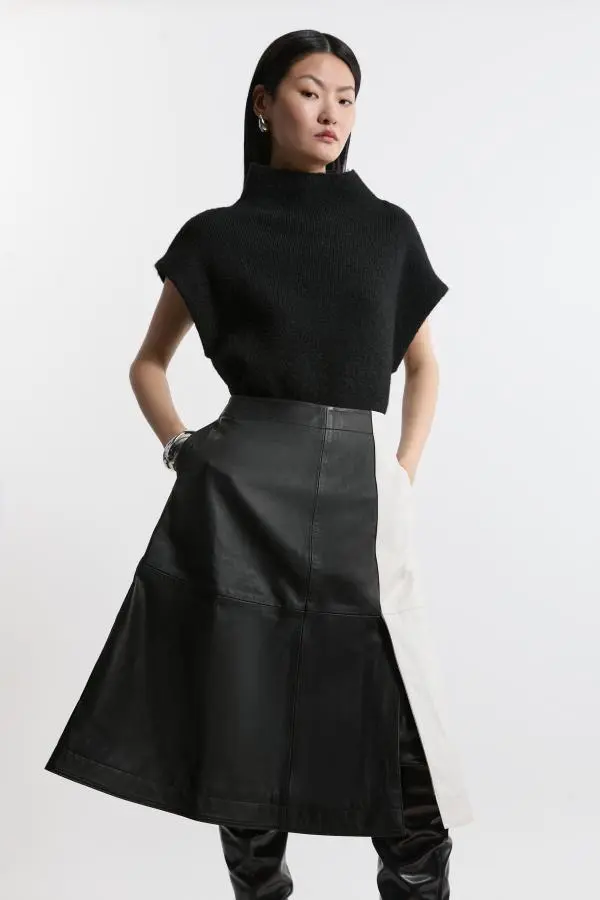 Leather Colourblock Midi A-Line Skirt - Mono