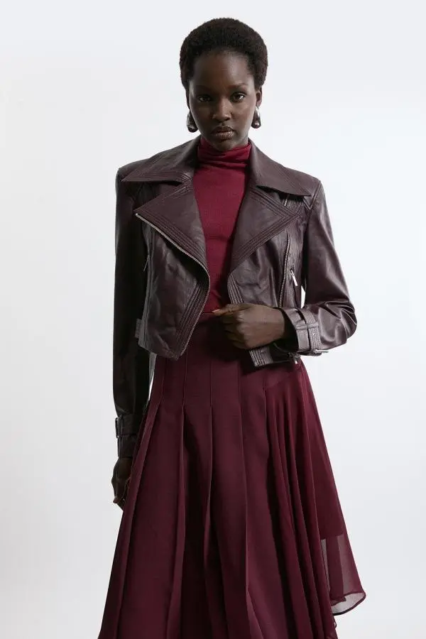 Leather Structured Micro Biker Jacket - Red
