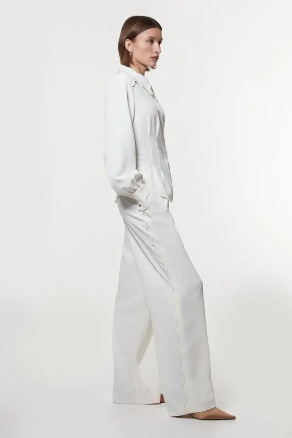 Scallop Trim Woven Crepe Trouser - Ivory