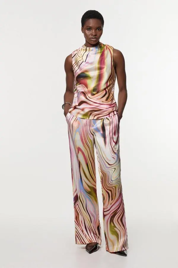 Graduated Stripe Viscose Satin High Waist Trouser - Pink
