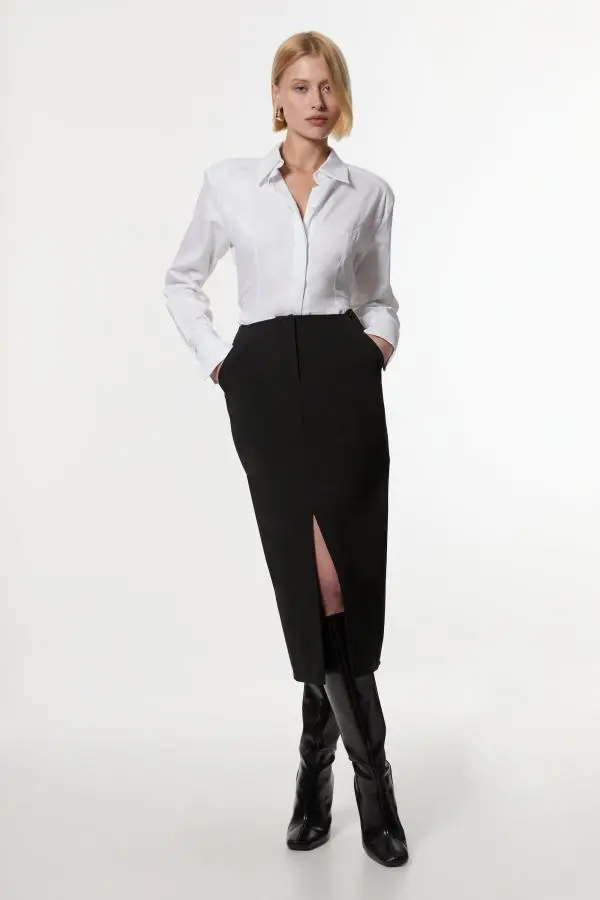 Compact Stretch Stab Stitch Tailored Pencil Midi Skirt - Black