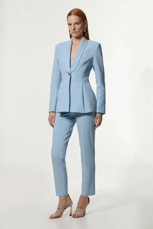 Compact Stretch Stab Stitch Tailored Straight Leg Trouser - Pale Blue