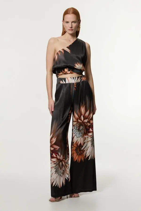 Viscose Satin Printed Wide Leg Woven Trouser - Floral