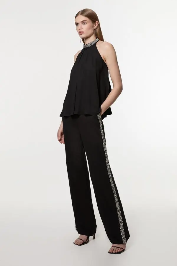Hand Embellished Cady Woven Trouser - True Black