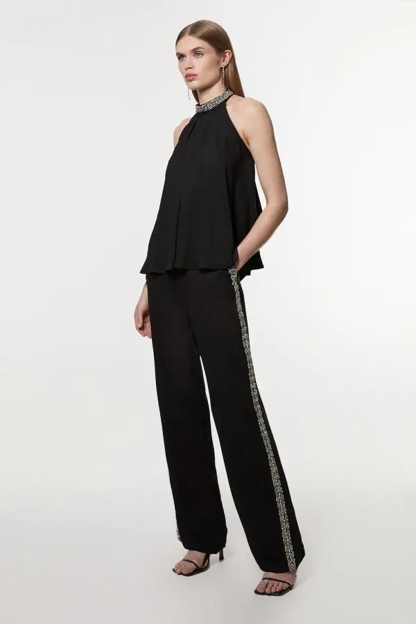 Hand Embellished Cady Woven Trouser - True Black