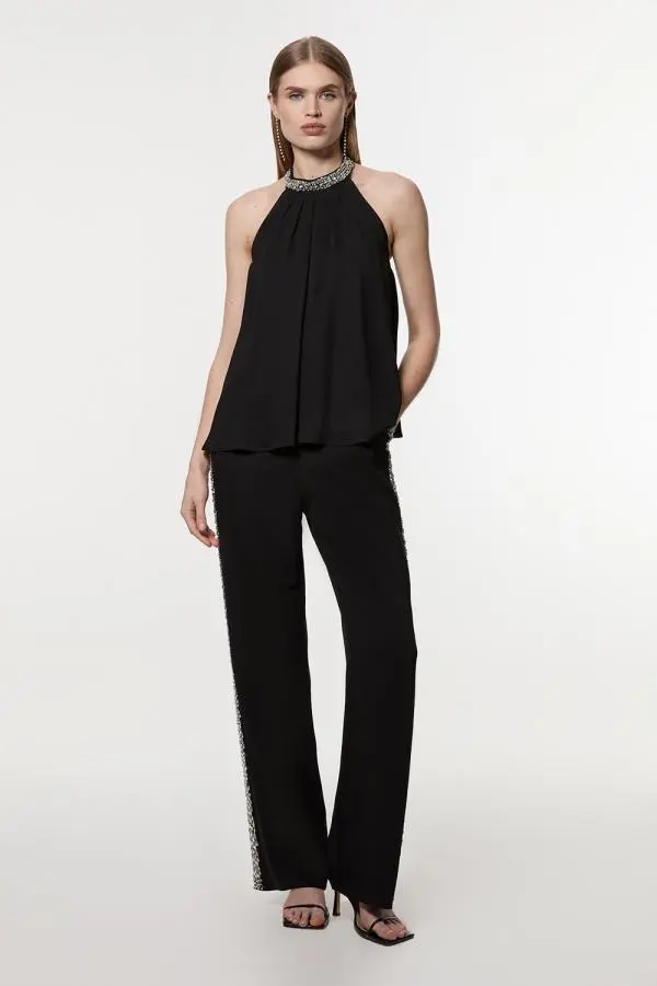 Tall Hand Embellished Cady Woven Trouser - True Black