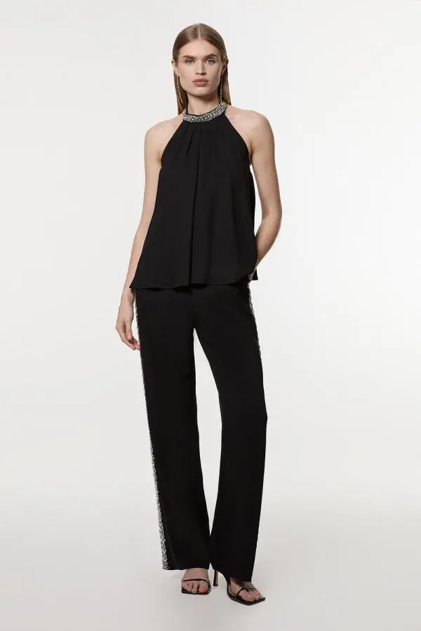 Tall Hand Embellished Cady Woven Trouser - True Black