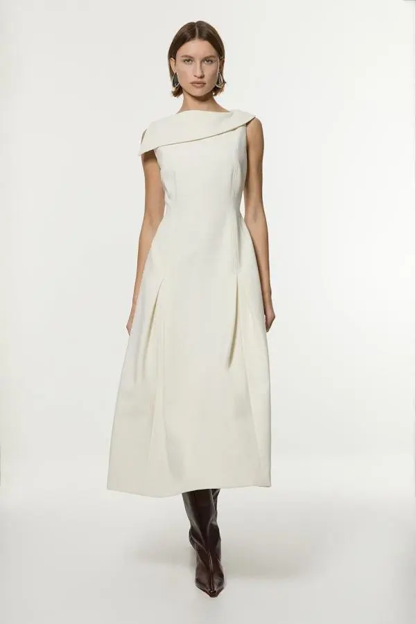 Compact Stretch Asymmetric Neck Tailored Full Skirted Dress - Ivory