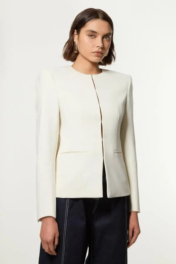 Compact Stretch Tailored Seam Detail Blazer - Ivory