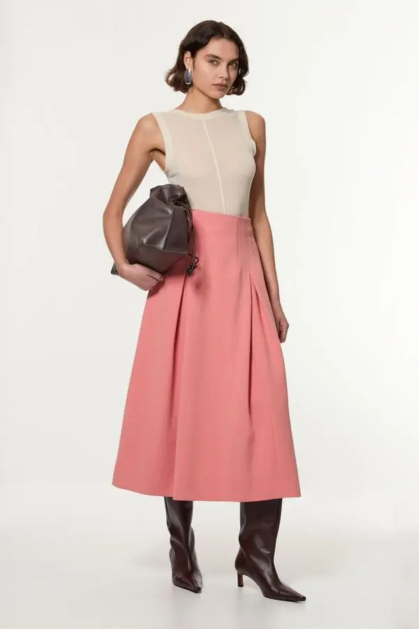 Compact Stretch Tailored Seam Detail Prom Full Skirt - Pink