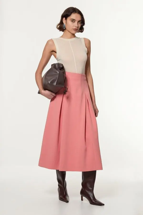 Compact Stretch Tailored Seam Detail Prom Full Skirt - Pink
