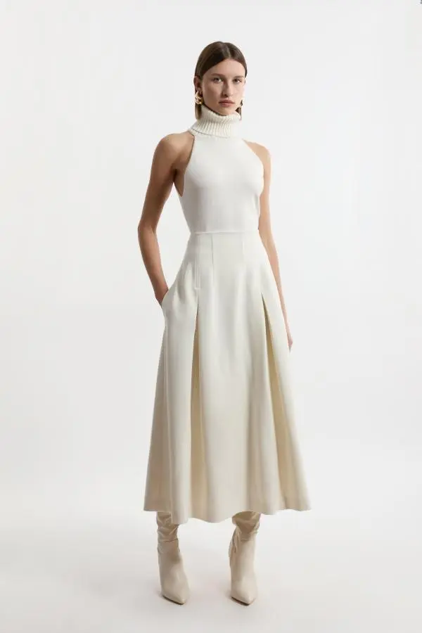 Compact Stretch Tailored Seam Detail Prom Full Skirt - Ivory