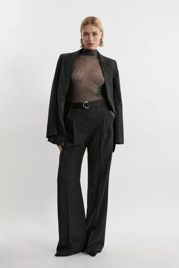 Tall Pinstripe Tailored Grosgrain Detail Trouser - Black
