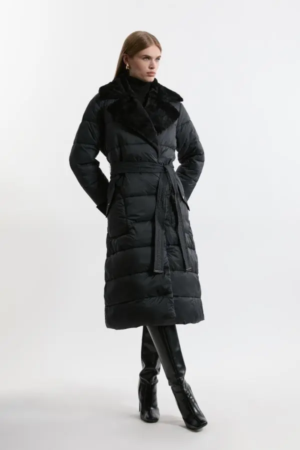 Faux Fur Lined Belted Longline Puffer Coat - Black