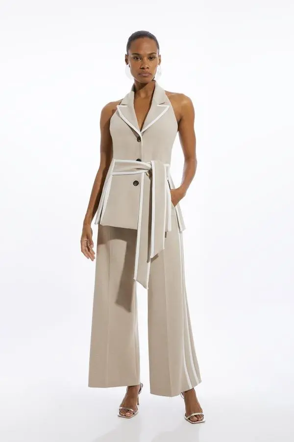 Compact Stretch Contrast Tipped Belted Wide Leg Tailored Jumpsuit - Brown