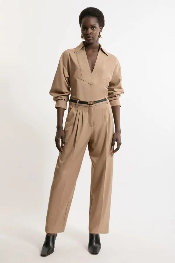 Petite Tailored Cropped Straight Leg Darted Trousers - Camel