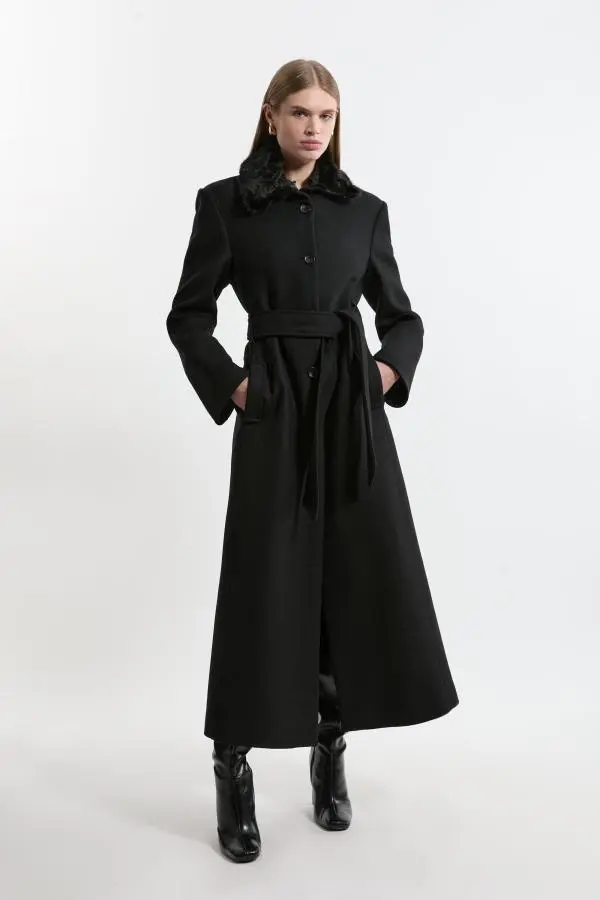 Premium Italian Manteco Wool Detachable Faux Fur Collar Belted Tailored Maxi Coat - Black