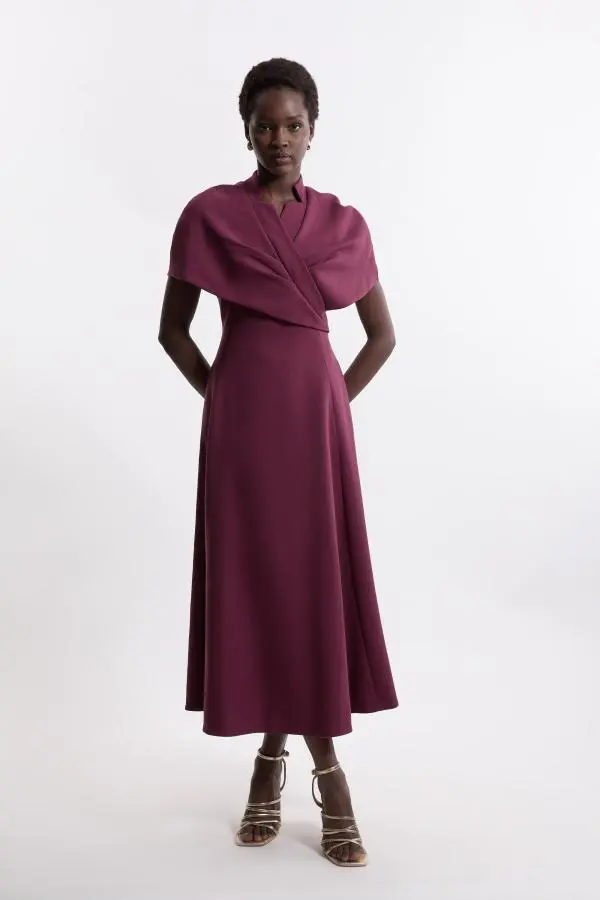 Structured Crepe Cape Detail Full Skirted Tailored Midi Dress - Red