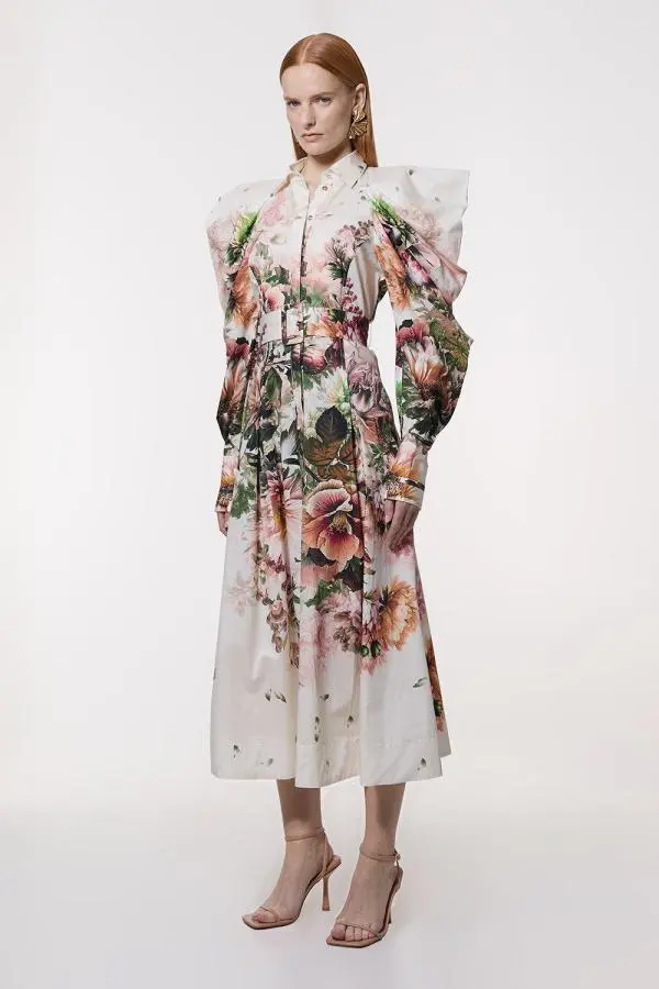 Placed Floral Cotton Sateen Midi Dress - Ivory