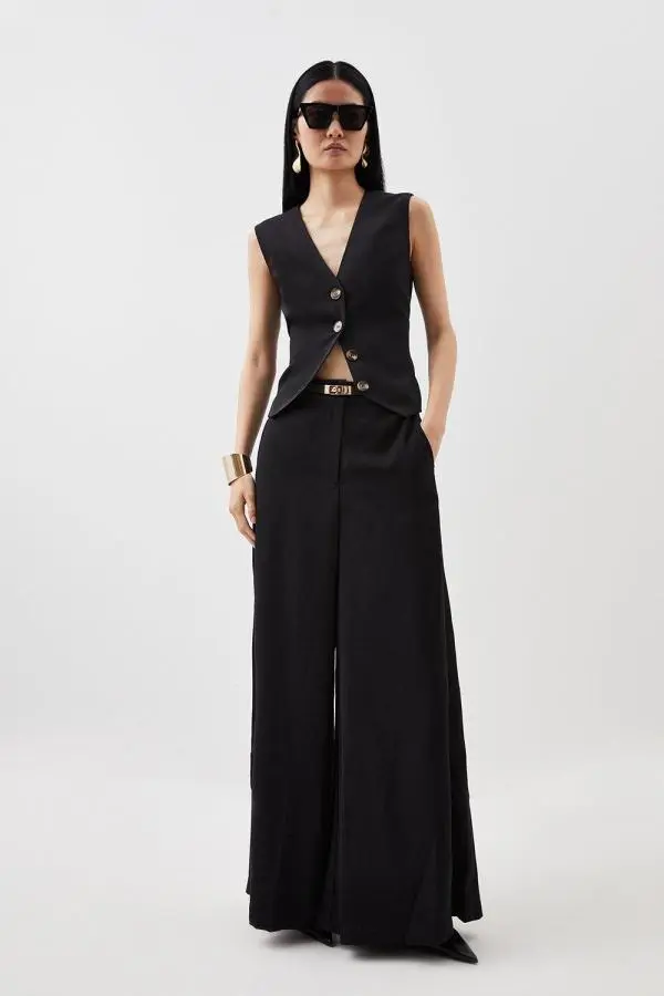 Satin Back Crepe Woven Wide Leg Trousers - Black