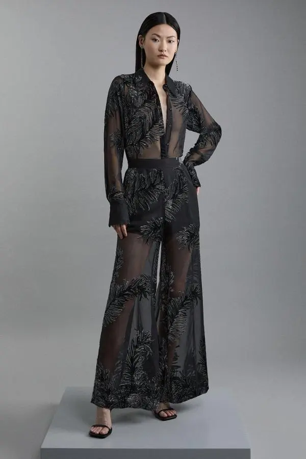 Feather Devore Woven Wide Leg Trousers - Black