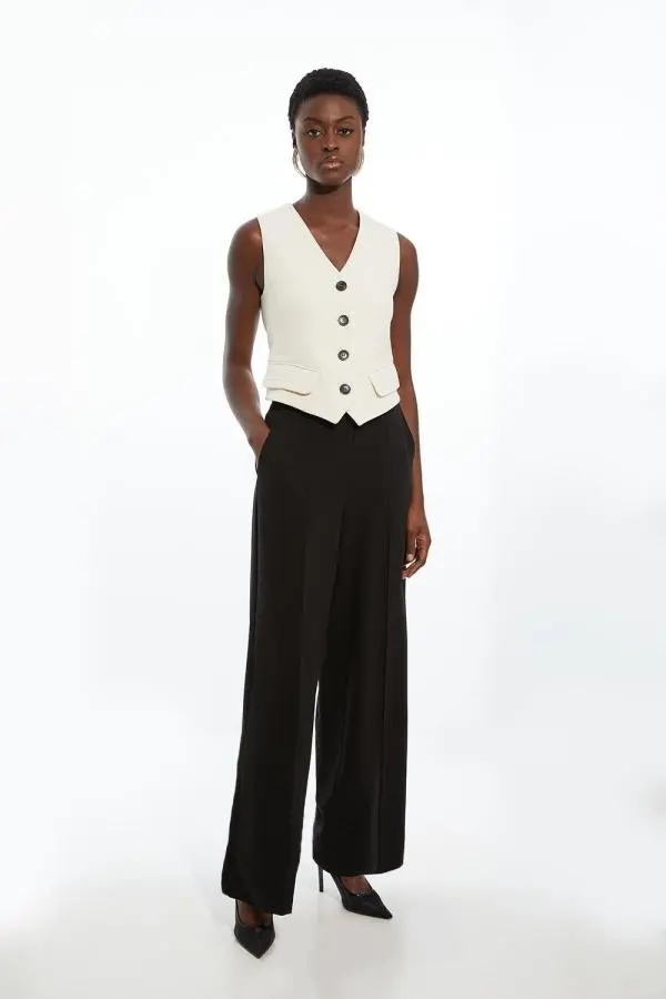 Compact Stretch Essential Tailored High Waist Wide Leg Trousers - Black
