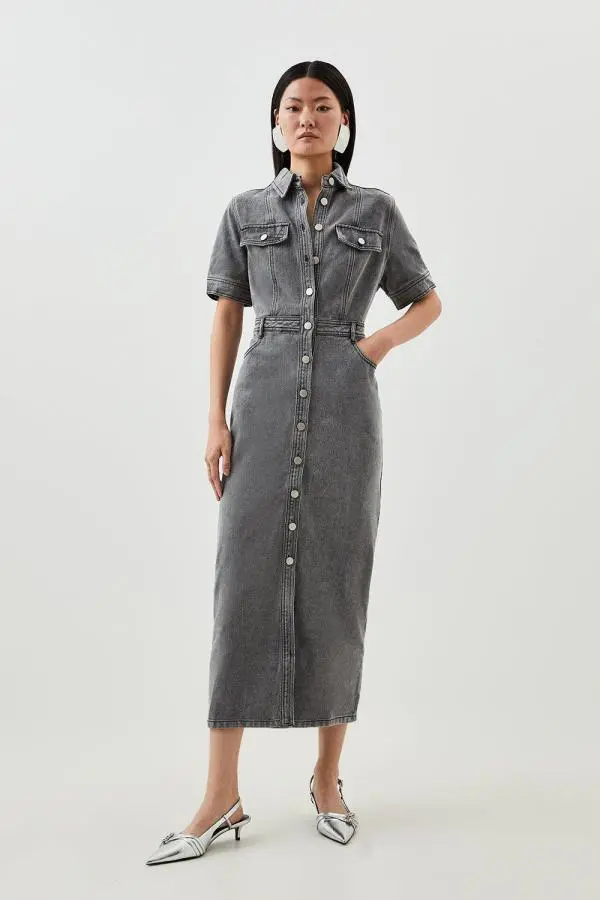 Denim Maxi Shirt Dress - Pale Grey