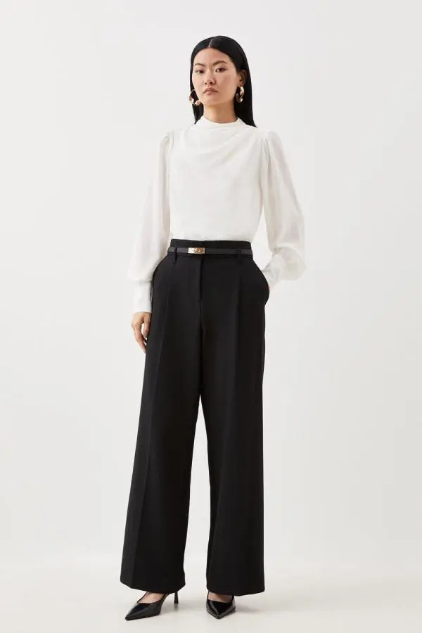 Tailored Compact Stretch Corset Waist Wide Leg Trousers - Black