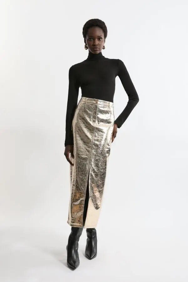 Metallic Faux Leather Midi Skirt - Gold