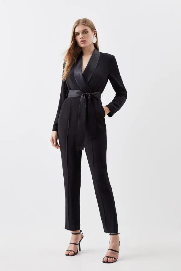 Petite Tailored Tuxedo Wrap Jumpsuit - Black