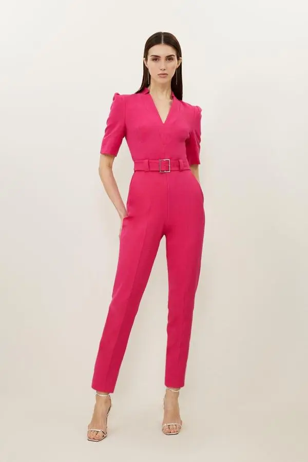 Forever Belted Notch Neck Tailored Jumpsuit - Pink