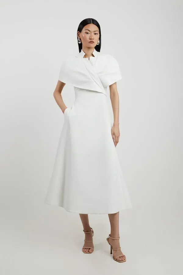 Structured Crepe Cape Detail Full Skirted Tailored Midi Dress - Ivory