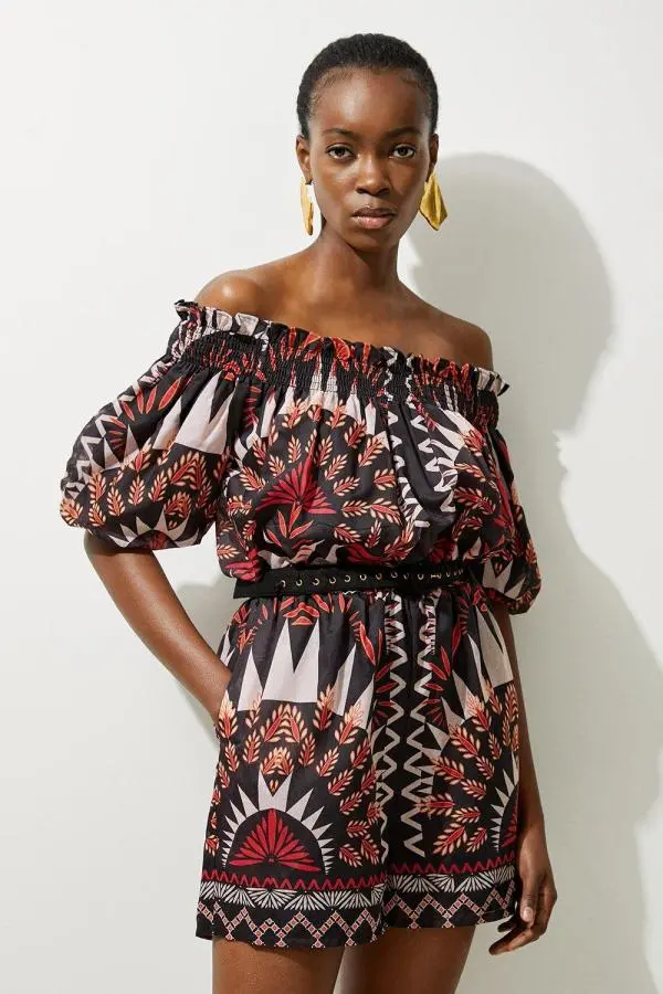 Tall Voile Mirrored Batik Bardot Woven Playsuit - Black