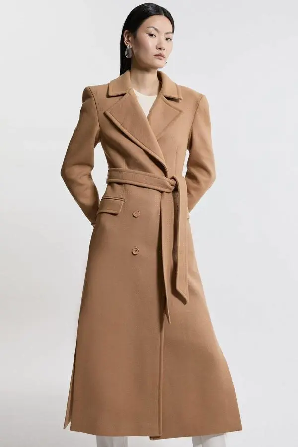 Italian Wool Double Breasted Longline Tailored Midi Coat - Camel