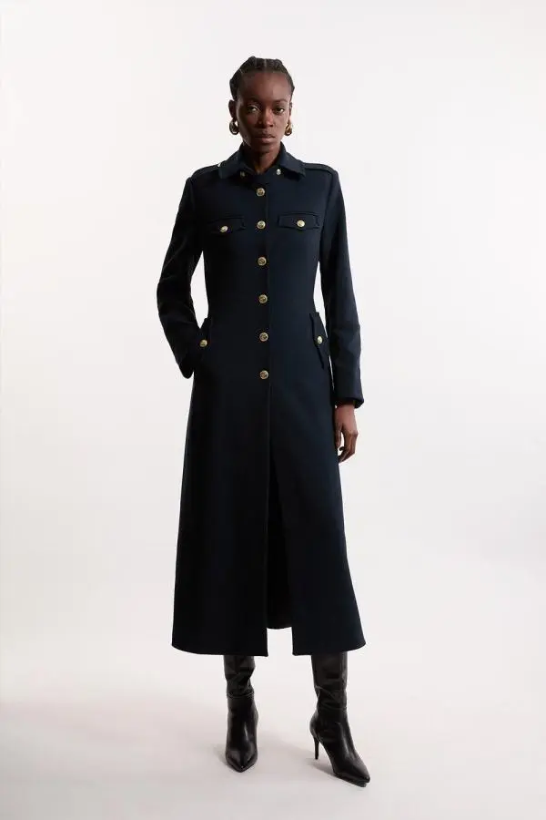 Tailored Military Maxi Coat - Navy